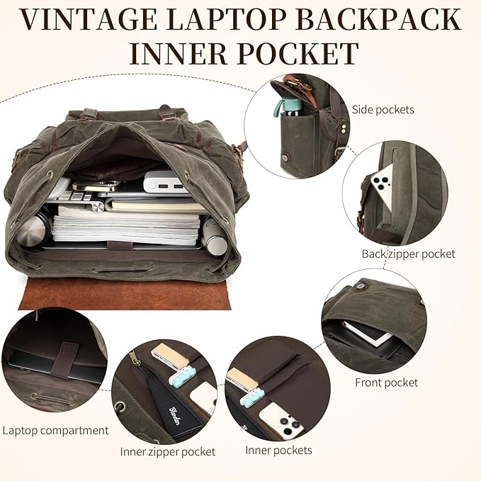 Wogarl Vintage Leather Canvas Backpack, Waxed Canvas Shoulder Rucksack with Toiletry Shoulder Rucksack for Traveling, Camping, Hiking,Business College Fits 17inch Laptop,Green