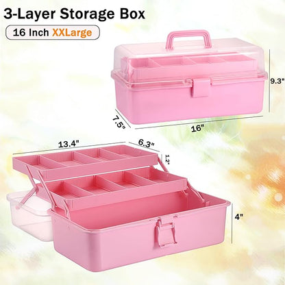 Tackle Box, 16-Inch Extra Large Art Storage Box with 3-Layer Folding Trays, Multipurpose Craft Organizers and Storage w/ Adjustable Dividers, Portable Tool Box for Sewing Supplies,Medicine &Cosmetics
