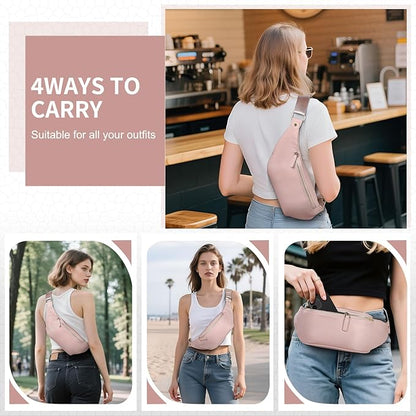 Faux Leather Belt Bag for Women, Crossbody Fanny Pack with Adjustable Strap, Back Zipper Pocket, Large Capacity Waist Pack for Travel, Concerts, Pink