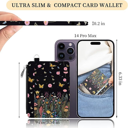 Hancynir Slim Wallet Women Credit Card Holder Butterfly Flowers Night RFID Small Mini Card Case Front Pocket PU Leather Thin Travel Zipper Coin Cash ID Window Girls Wallet Gifts