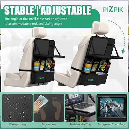 Plzpik Car Backseat Organizer with Tablet Holder,11 Storage Pockets with Foldable Food Tray, Protector Kick Mats for Kids, Travel Accessories Organizer (Black, 1Pack with Food Tray)