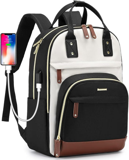 Laptop Backpack for Women Bag - 15.6 inch Work Bags with USB Charger College Bookbag Business Computer Backpack Purse Beige Black Brown