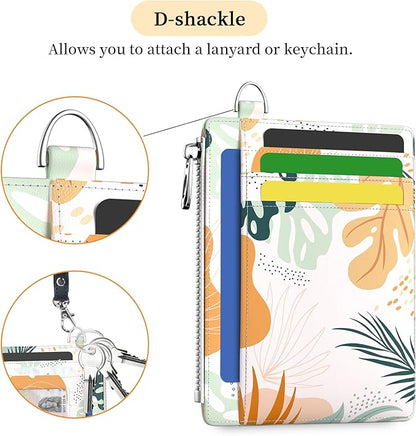 Hancynir Slim Wallet Women Credit Card Holder Abstract Boho Leaves RFID Blocking Small Mini Card Wallets Cute Front Pocket PU Leather Card Case Thin Travel Zipper Coin Cash Ladies Female Wallet Gifts