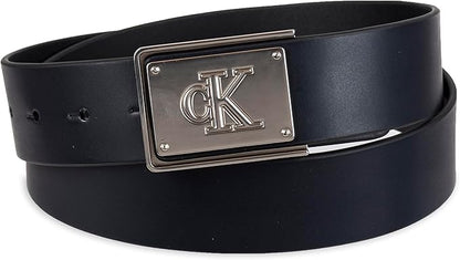 Calvin Klein Men's Plaque Buckle Belt - Casual Modern Style With Logo Detail for Jeans and Dress Pants