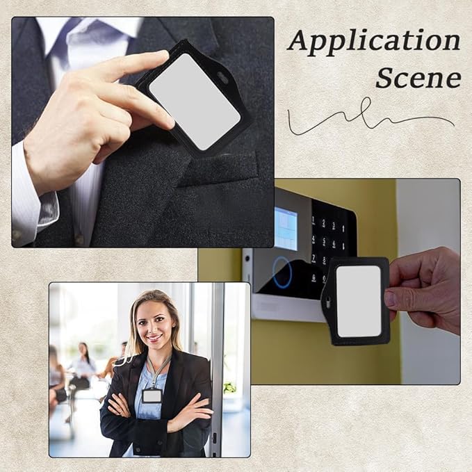 4PCS PU Leather Horizontal Photocard Protector with Clear Window Black Leather Badge Holder Waterproof ID Card Case Double Sided Name Badge Pouch for Offices Staff Students Employees