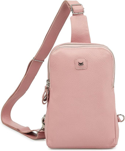Leather Sling Bag for Women Genuine Crossbody Purse Small Trendy Cross Over Chest with Phone and Credit Card Slots (Baby Pink Nappa)