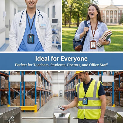 2 Pack Genuine Leather ID Badge Holders Waterproof Name Badge Holde Vertical Single-Side Clear Card Holder for Office, Staff, Employees (Black & Brown)