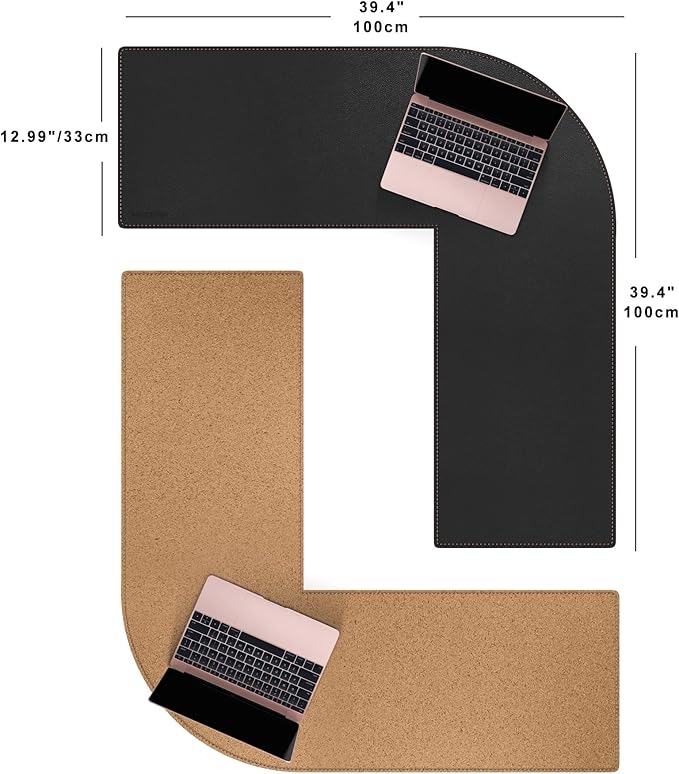 MAIDERN (40”+ 40”) x 13” L Shaped Corner Desk Mat, Cork & Leather Dual Sided Desk Pad for Gaming Computer Office Home (Black) …