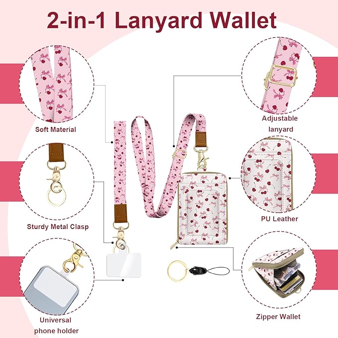 PU Leather Lanyard Bow-Tied Cherries Wallet with ID Badge Holder with 1 Zip Pocket and 3 Card Slots Keychain for Office School Business