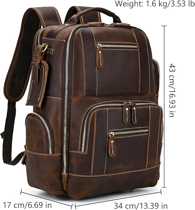 Vintage Full Grain Leather Backpack for Men, 16" Laptop Rucksack For Men Hiking Trave Work Business Bag, 9517 Brown