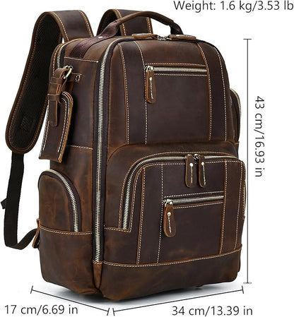 Vintage Full Grain Leather Backpack for Men, 16" Laptop Rucksack For Men Hiking Trave Work Business Bag, 9517 Brown