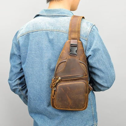 NIUCUNZH Genuine Leather Sling Bag Front Metal-Latch Crossbody Bags Handmade Vintage Chest Shoulder Backpack for Women Men