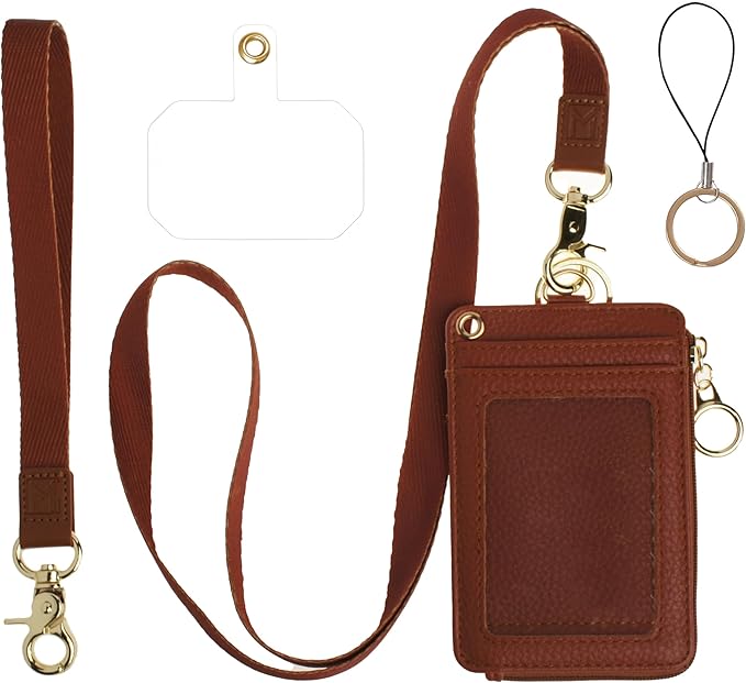 Mondo Designs 2-in-1 ID Badge Holder & Lanyard Wallet - Multi-Use Womens Small Wallet with Removable Wristlet & Neck Lanyard, Clear Window, 5 Card Slots, Phone Holder, Ring Keychain - Brown