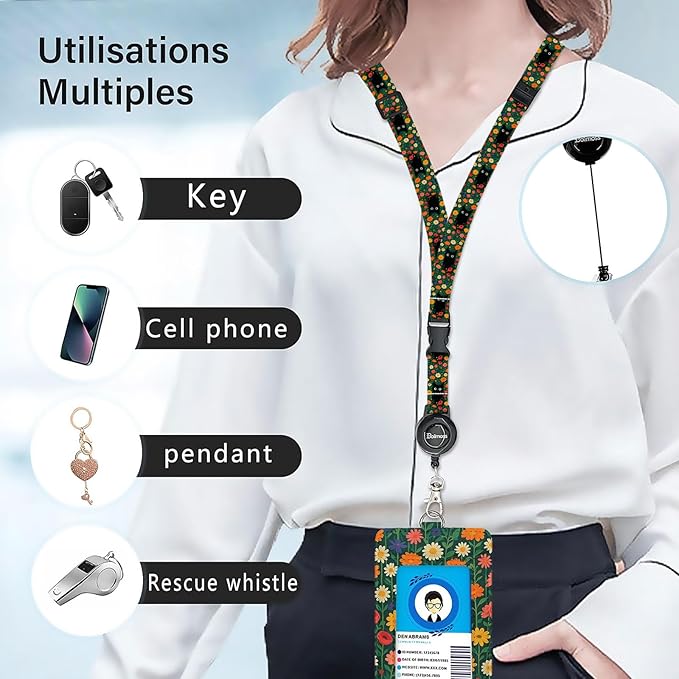 bolimoss Black Cat Daisy Leather ID Badge Card Holder, Adjustable Landyard with Retractable Reel, Cute Flower Badge Holders with Metal Swivel Clasp, Detachable Safety Quick Release Buckles for Key