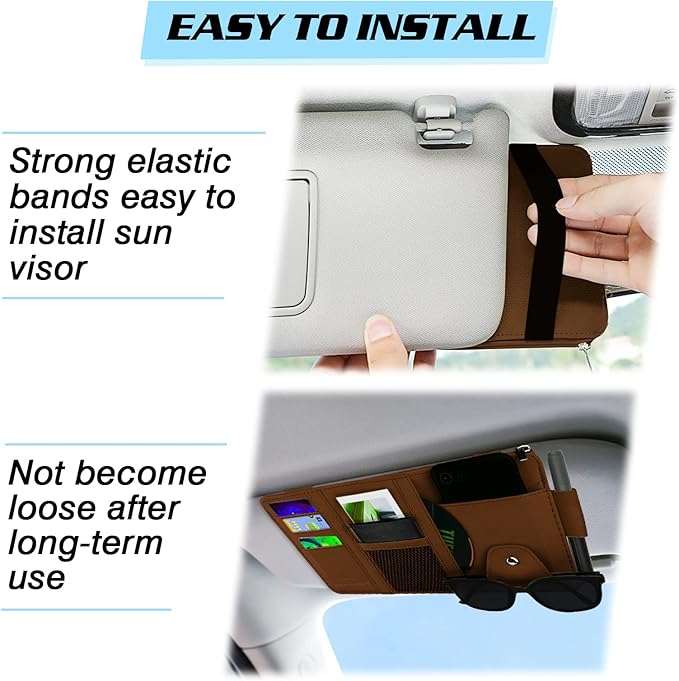 Car Sun Visor Organizer, Leather Pocket Organizer Sunglass Holder for Car Interior Accessories with Multi-Pocket Net Zipper (Brown)