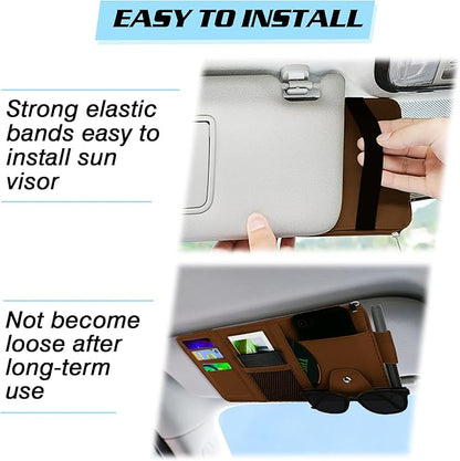 Car Sun Visor Organizer, Leather Pocket Organizer Sunglass Holder for Car Interior Accessories with Multi-Pocket Net Zipper (Brown)