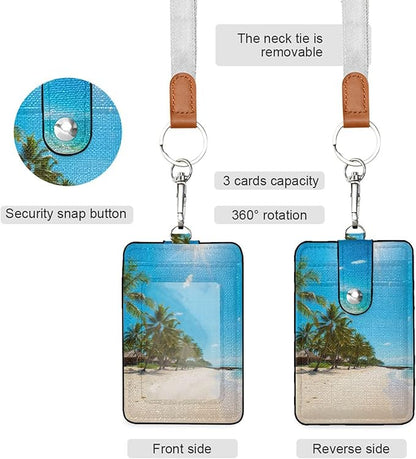 Badge Holder, Sea Beach PU Leather School College Business ID Badge Card Holder Wallet Case with 1 Clear Window, 2 Credit Card Slots and Detachable Neck Lanyard - Vertical