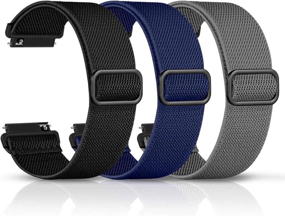 DaQin 3 Pack Nylon Watch Bands Compatible with 16mm 18mm 20mm 22mm Quick Release Watch Band, Adjustable Soft Stretchy Solo Loop Strap Elastic Braided Relacement Wristband for Men Women