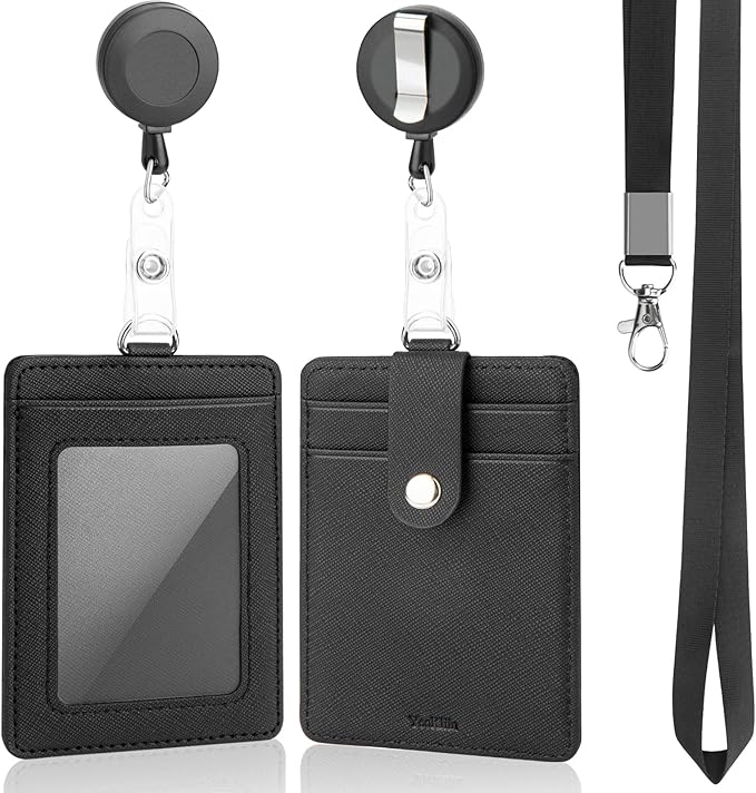 PU Leather Badge Holder with Lanyard, Black Lanyard with Retractable Reel Clips, Multiple Card Slots with Leather Snap, ID Badge Holder for Office Staff Doctor Teacher