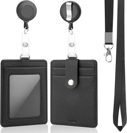 PU Leather Badge Holder with Lanyard, Black Lanyard with Retractable Reel Clips, Multiple Card Slots with Leather Snap, ID Badge Holder for Office Staff Doctor Teacher