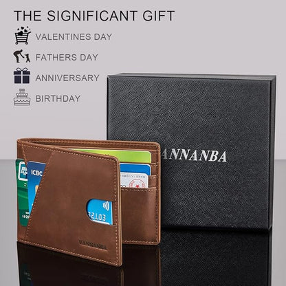 VANNANBA Real Leather Wallets for Men - Minimalist Wallet for Men with ID Window - RFID Blocking Slim Bifold Front Pocket Wallets with Gift Box(Vintage Brown)