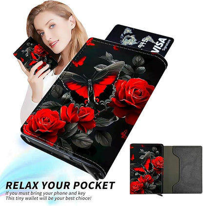 Minimalist Wallet for Men's Card Holders, Pop-Up Card Case Durable Wallets for Women, Leather Automatic Credit Card Holder with Metal Money Clip RFID Blocking Bifold Pocket, Red Rose Butterfly