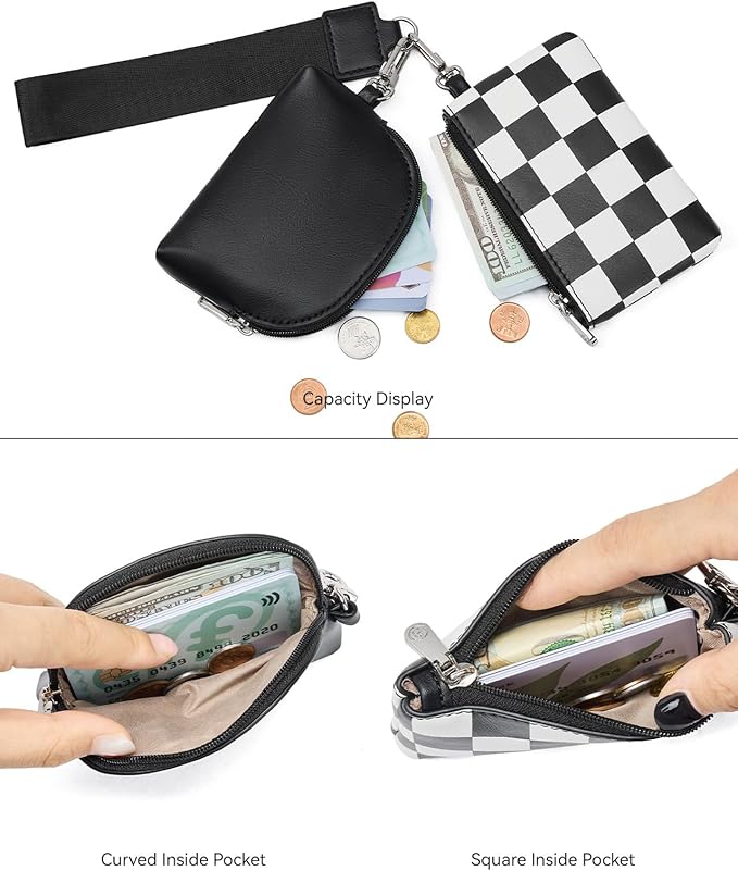 BOSTANTEN Small Wallet Checkered, Wristlet Wallets for Women RFID Detachable Dual Pouch Keychain Wristlet Wallet Cute Coin Purse, Black and White