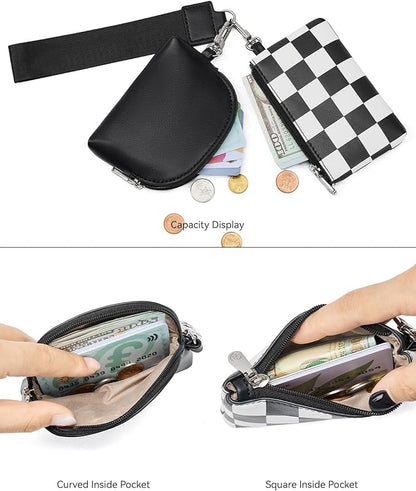 BOSTANTEN Small Wallet Checkered, Wristlet Wallets for Women RFID Detachable Dual Pouch Keychain Wristlet Wallet Cute Coin Purse, Black and White
