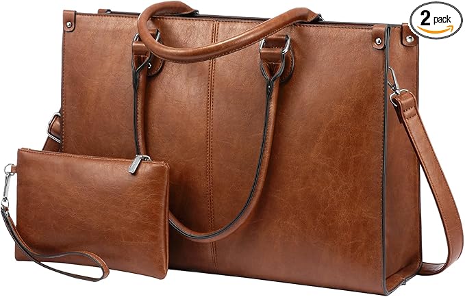 LOVEVOOK Laptop Tote Bag for Women, 15.6 Inch Large Capacity Vintage Leather Work Computer Bag, Business Casual Shoulder Handbag, Dark Brown