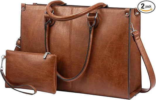 LOVEVOOK Laptop Tote Bag for Women, 15.6 Inch Large Capacity Vintage Leather Work Computer Bag, Business Casual Shoulder Handbag, Dark Brown