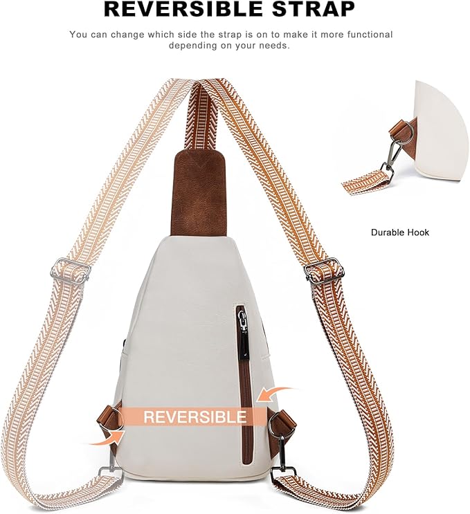 Leresas 7L Crossboydy Sling Bag for Women Vegan Leather Crossbody Purse Fanny Pack Chest Bag for Travel, Beige