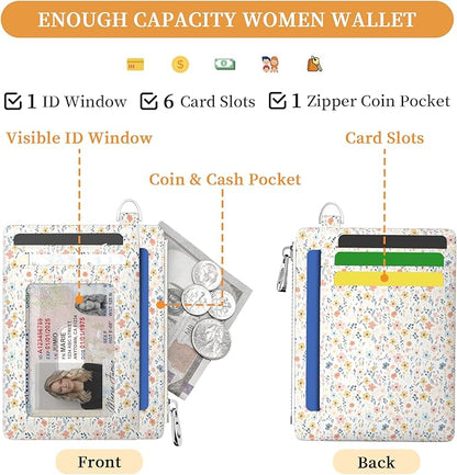 Hancynir Slim Wallet Women Credit Card Holder White Florals RFID Small Mini Card Case Front Pocket PU Leather Thin Travel Zipper Coin Cash ID Window Girls Wallet Gifts