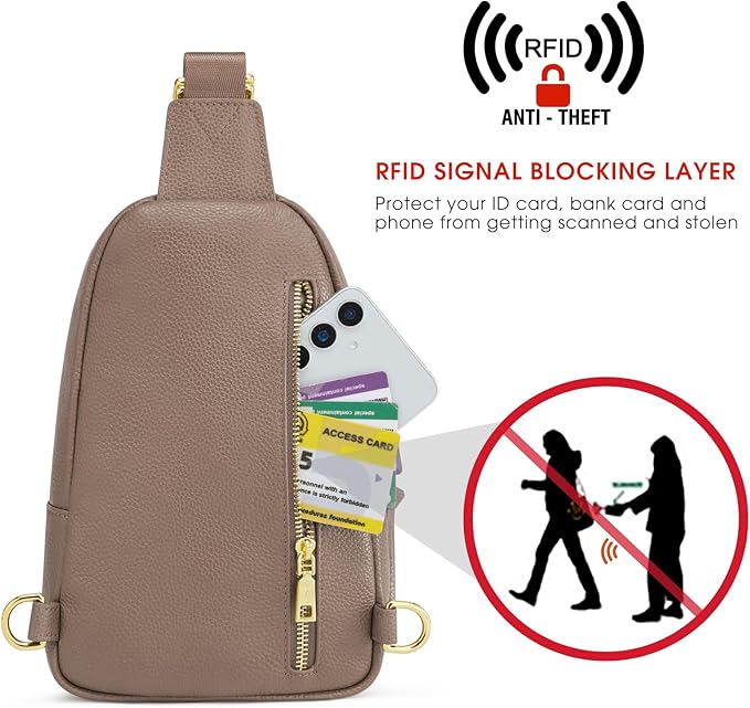 Kattee Sling Bag for Women, Leather Fanny Packs Crossbody Purse, Small Chest Bag with RFID Blocking, Khaki
