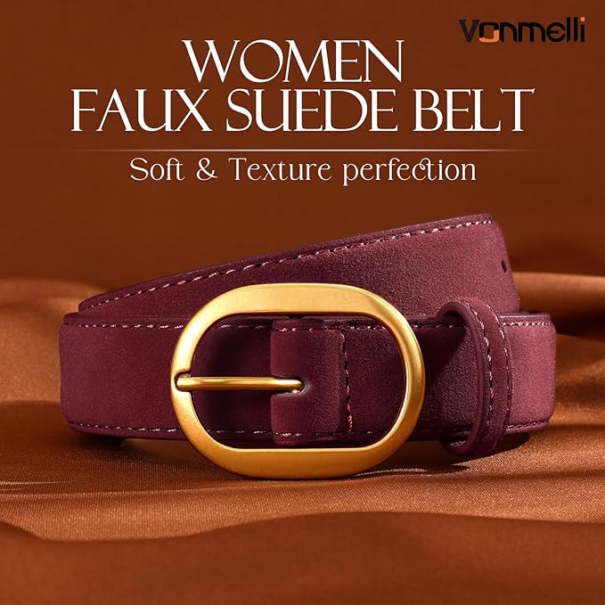 VONMELLI Faux Women's Suede Belt for Jeans Dresses Ladies Leather Belt with Vintage Gold Buckle