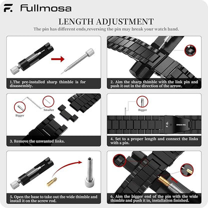 Fullmosa 18mm Stainless Steel Watch Band, Quick Release Metal Replacement Strap with Removable Links, Includes Spring Bars & Link Removal Tool for Men Women (Black)
