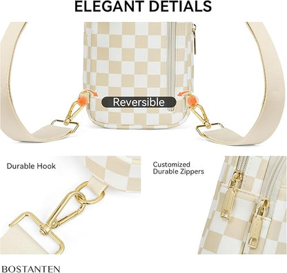 BOSTANTEN Sling Bag Quilted Crossbody Bags for Women Cross Body Purse Leather Fanny Pack with Adjustable Guitar Strap