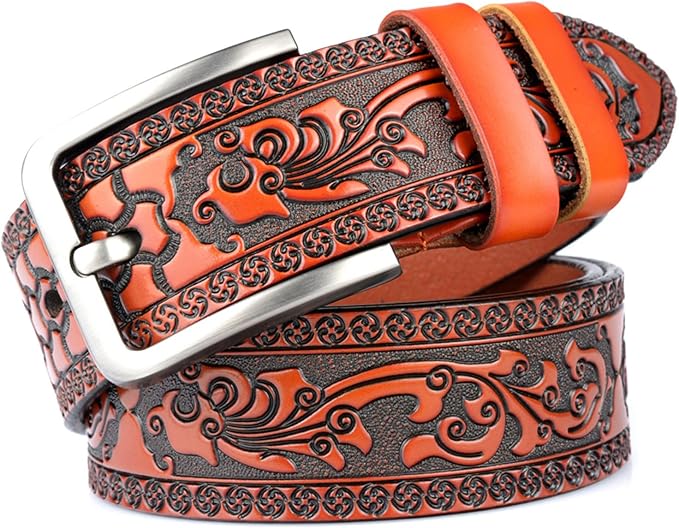 Men's Casual Genuine Leather Jeans Belts Vintage Leather Engraved Strap with Single Prong Buckle