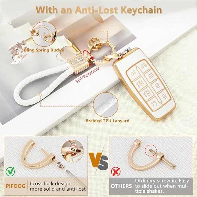 PIFOOG Key Fob Cover for Genesis GV70 GV80 2023 2022 2021 Accessories 8 Buttons Car Keys Case Shell with Cute Girly Keychain Ring Protector Bling White Gold TPU Women Gifts