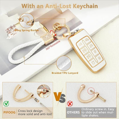 PIFOOG Key Fob Cover for Genesis GV70 GV80 2023 2022 2021 Accessories 8 Buttons Car Keys Case Shell with Cute Girly Keychain Ring Protector Bling White Gold TPU Women Gifts