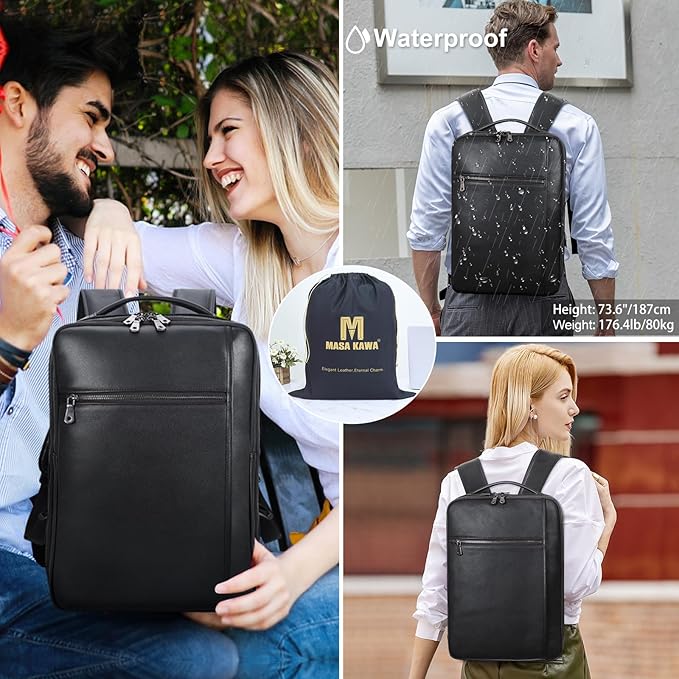 Masa Kawa Slim Genuine Leather Business Backpack 15.6" Laptop Bag for Men Women Office Work Travel Small Thin Computer Casual Daypack, Black