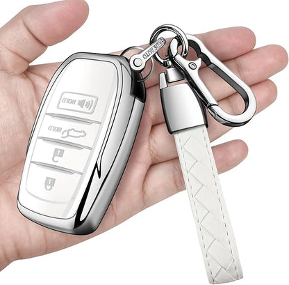 Sindeda for Toyota Key Fob Cover with Metal Keychain & Leather Strap for 2025-2026 Camry 4 Runner 2019-2026 Venza, Land Cruiser,2023-2026 Tacoma Grand Highlander,Corolla,bZ4X,4-5 Buttons(White)