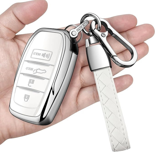Sindeda for Toyota Key Fob Cover with Metal Keychain & Leather Strap for 2025-2026 Camry 4 Runner 2019-2026 Venza, Land Cruiser,2023-2026 Tacoma Grand Highlander,Corolla,bZ4X,4-5 Buttons(White)