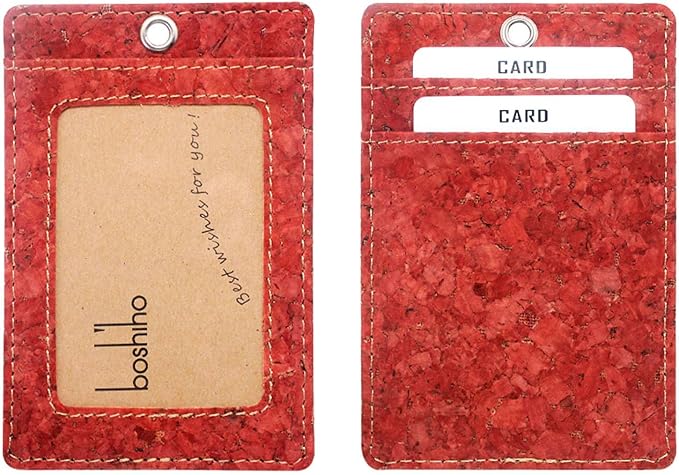 Cork Badge Holder, Boshiho Vertical Style Eco-Friendly Natural Cork Name ID Card Holder with Lanyard (Cork Red)