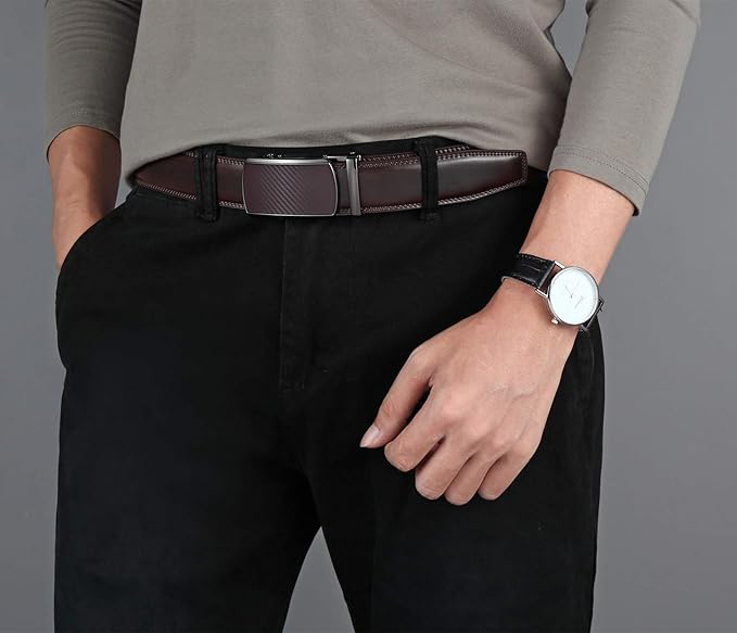 Lingli Men's Belt,Ratchet Dress Belt with Automatic Buckle Brown/Black-Trim to Fit-35mm wide