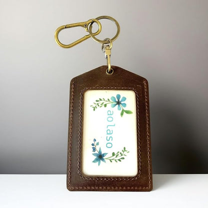 Badge Holder Vertical Handmade Leather ID Card Badge Holder Keychain with Heavy Duty Carabiner Clip for Men Women (Coffee Carabiner Clip)