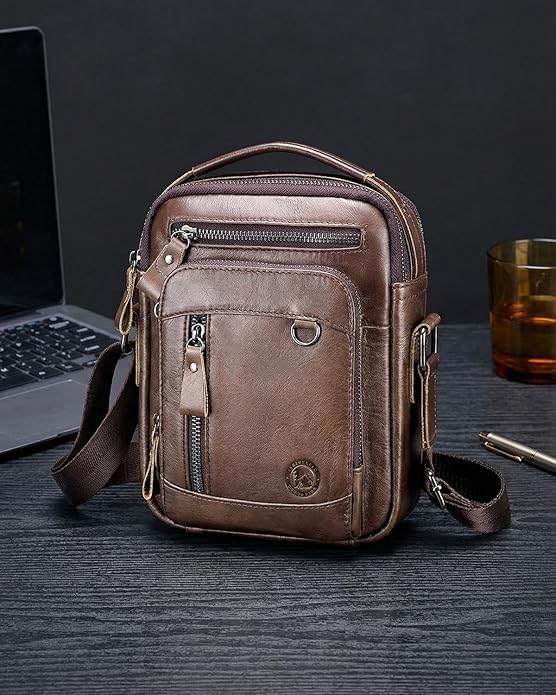 Men's Vinatge Leather Crossbody:Compact with Organized Pockets,Stylish & Functional for Everyday Carry