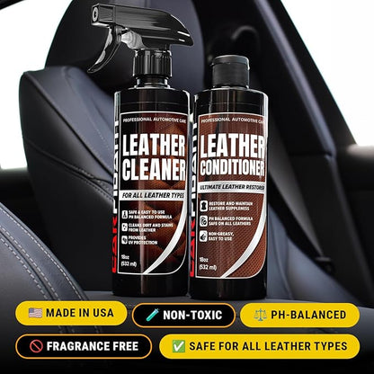 Car Leather Cleaner and Conditioner - pH Neutral, Non-Toxic & Non-Greasy - Gently Cleans, Restores and Protects Leather Seats and Interior - Safe for Leather Furniture, Couch & Sofa - 36 fl. Oz. Kit