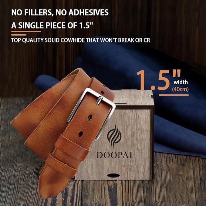DOOPAI Men's Genuine Leather Casual Belt -Full Grain Leather Belt for Men- 1.5" Handmade Jeans Belt with Gift Box