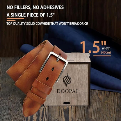 DOOPAI Men's Genuine Leather Casual Belt -Full Grain Leather Belt for Men- 1.5" Handmade Jeans Belt with Gift Box