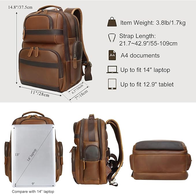 TIDING Men's Vintage Leather Backpack 15.6" Laptop Bag Large Capacity Business Travel Hiking Shoulder Daypacks
